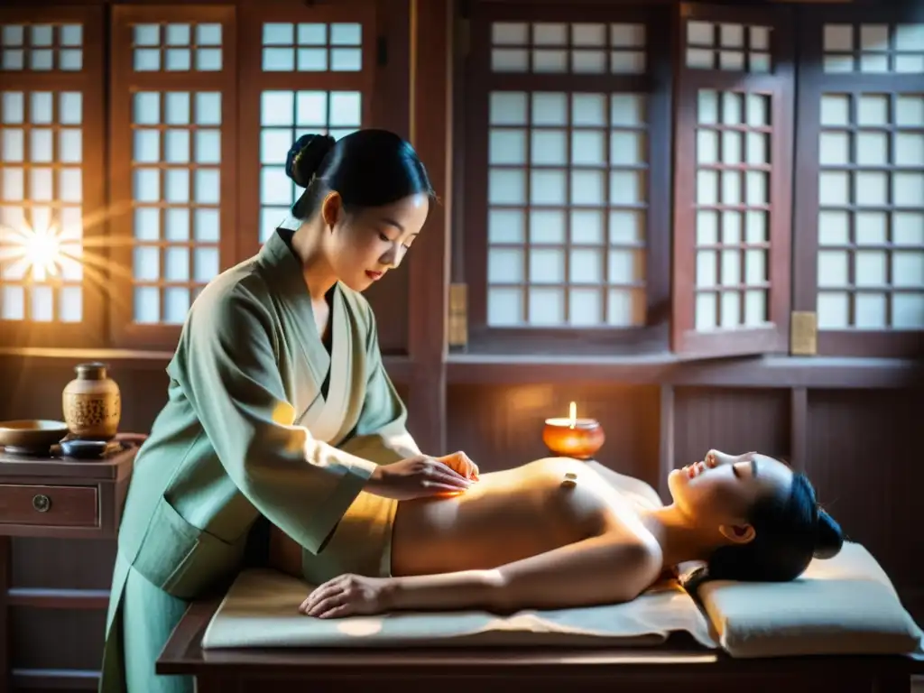 Un practicante de acupuntura tradicional china inserta agujas en la espalda de un paciente, rodeados de decoración y remedios herbales chinos