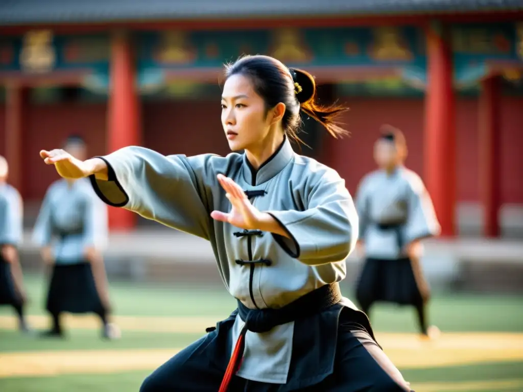 Un practicante de Baguazhang ancestral muestra una postura defensiva con intensidad, en un ambiente tradicional de artes marciales chinas