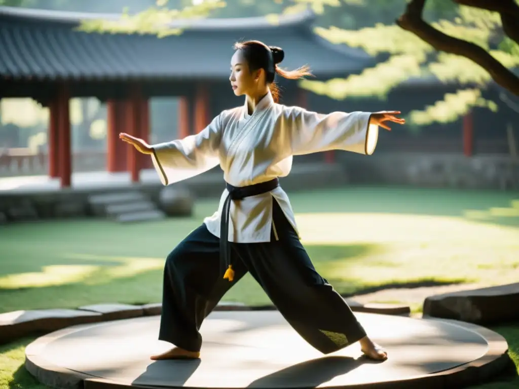 Practicante de Baguazhang ancestral ejecuta técnicas circulares con precisión en entorno natural