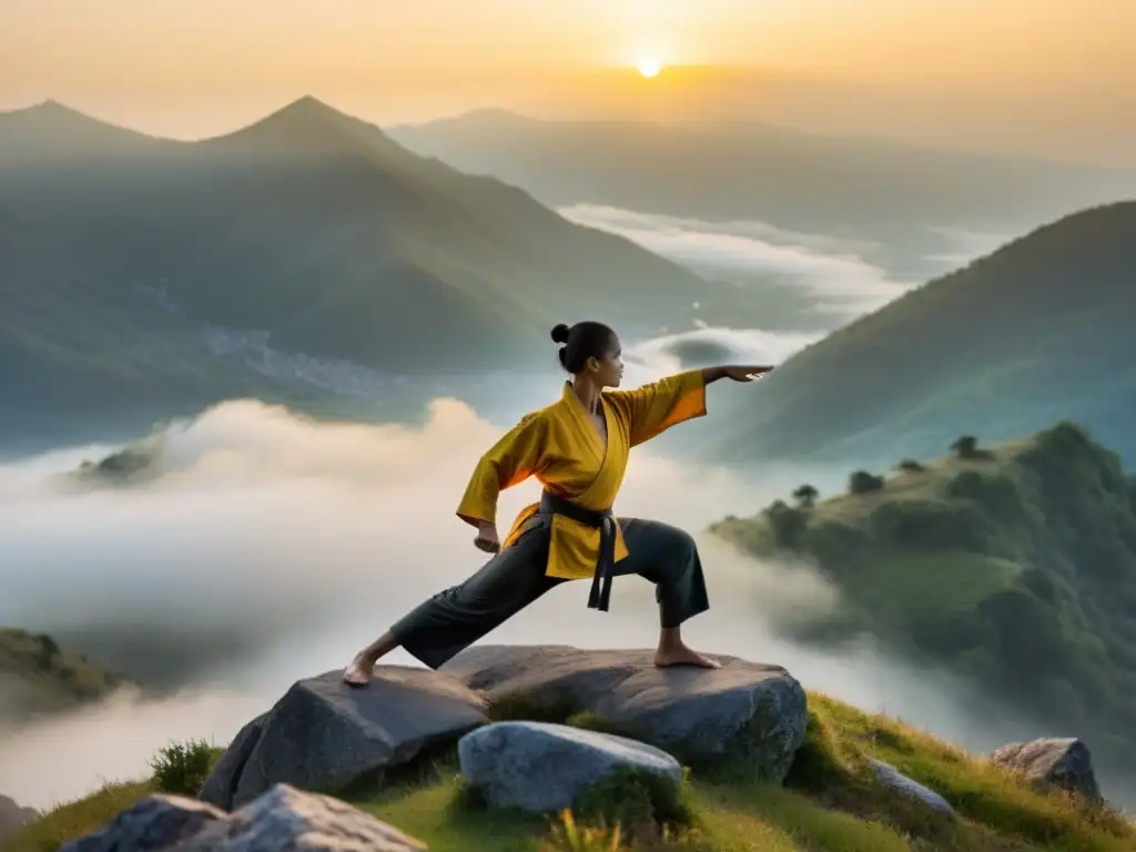 Un practicante de artes marciales se concentra en la postura guerrera en la cima neblinosa de una montaña al amanecer, irradiando fuerza y calma