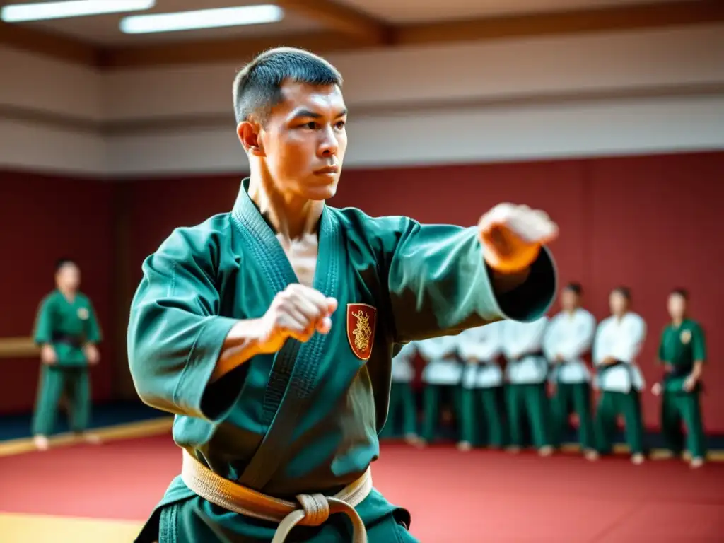 Un practicante de artes marciales del Sistema Ruso muestra la filosofía del sistema ruso en el cuerpo con movimientos precisos en un dojo tradicional