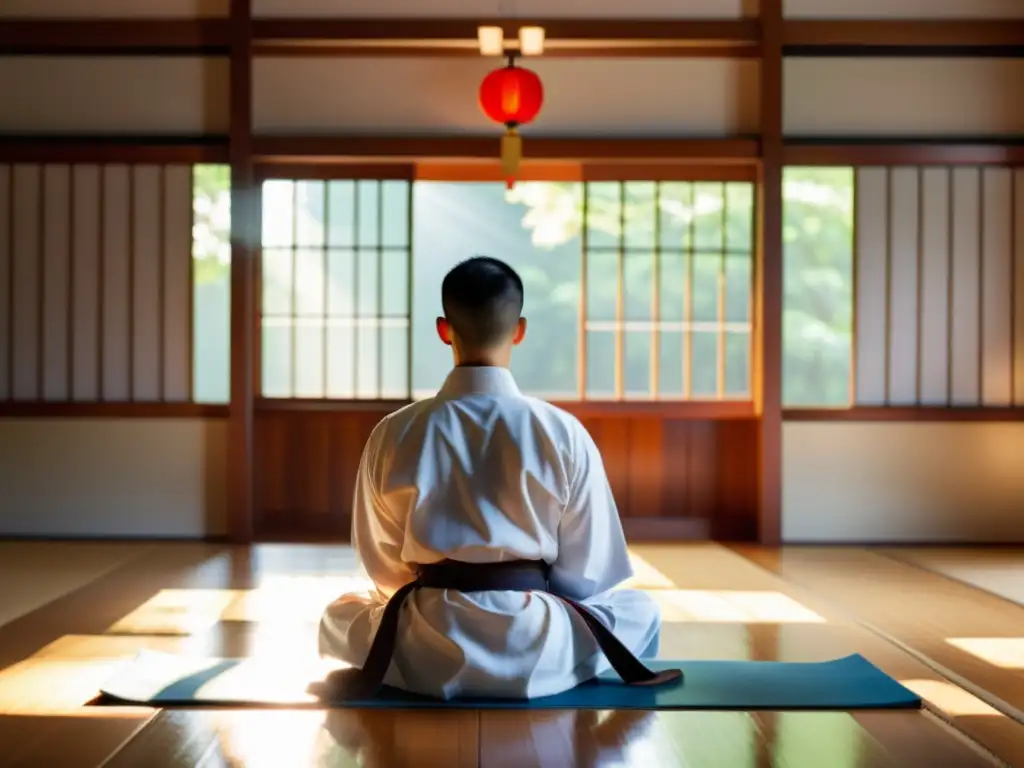 Un practicante de karate en gi blanco medita en un dojo iluminado por la luz del sol, rodeado de serenidad y concentración