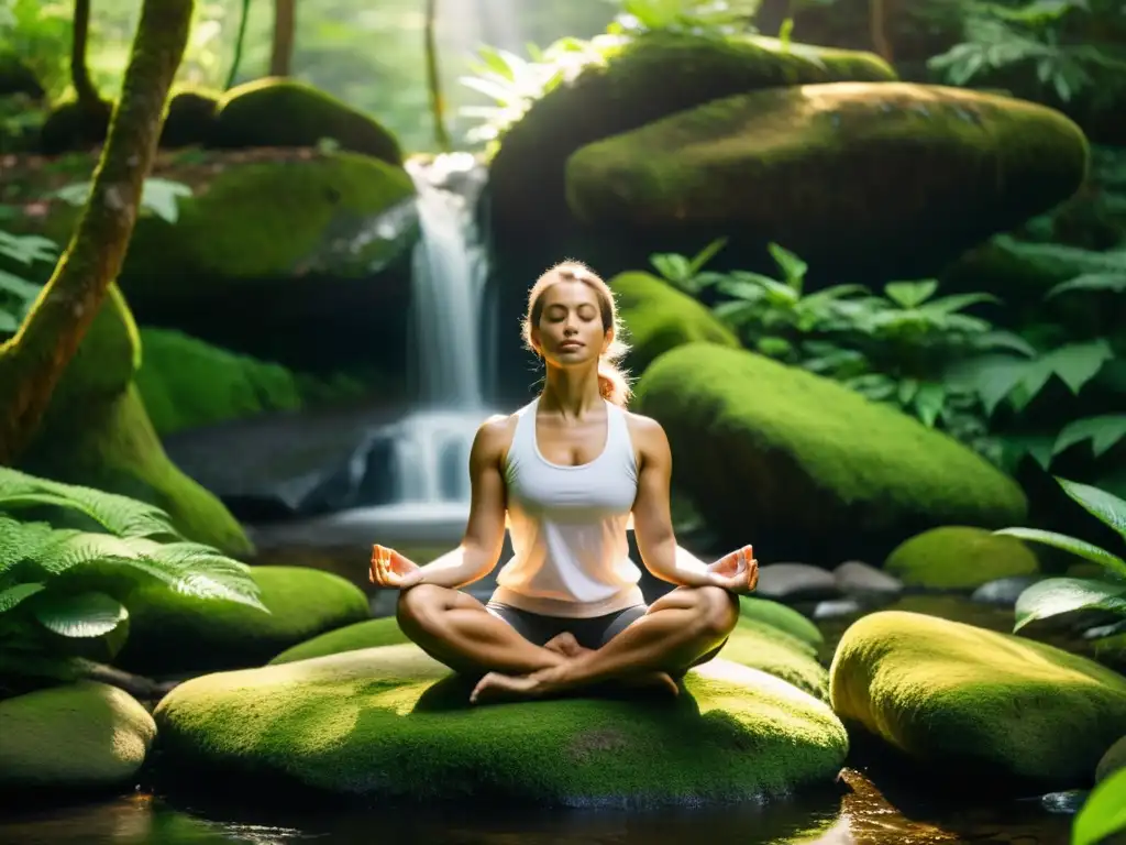 Practicante de yoga en meditación en un bosque exuberante, rodeado de flora, arroyo y luz dorada, reflejando la sanación holística en Ayurveda y Yoga