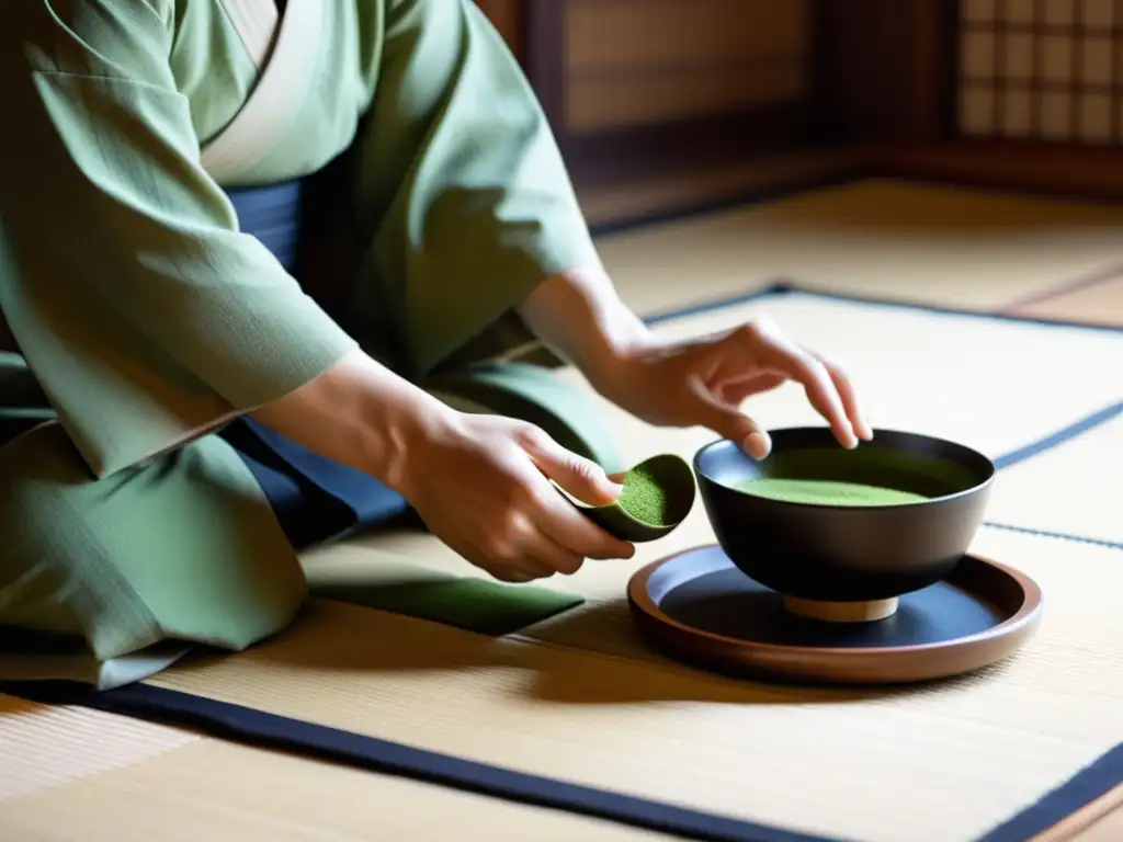 Practicante de ceremonia del té japonesa zen preparando matcha con gracia en ambiente sereno y contemplativo