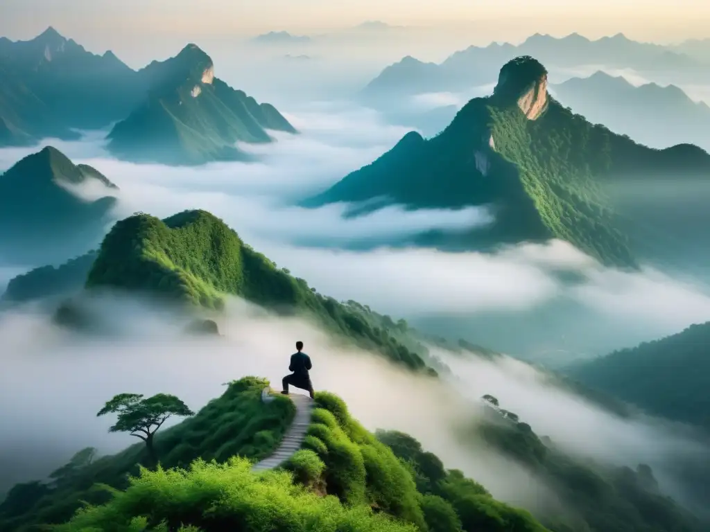 Practicante de Tai Chi en la cima brumosa de una montaña en China, capturando la esencia de la Paradoja de la Acción sin Esfuerzo Taoísmo