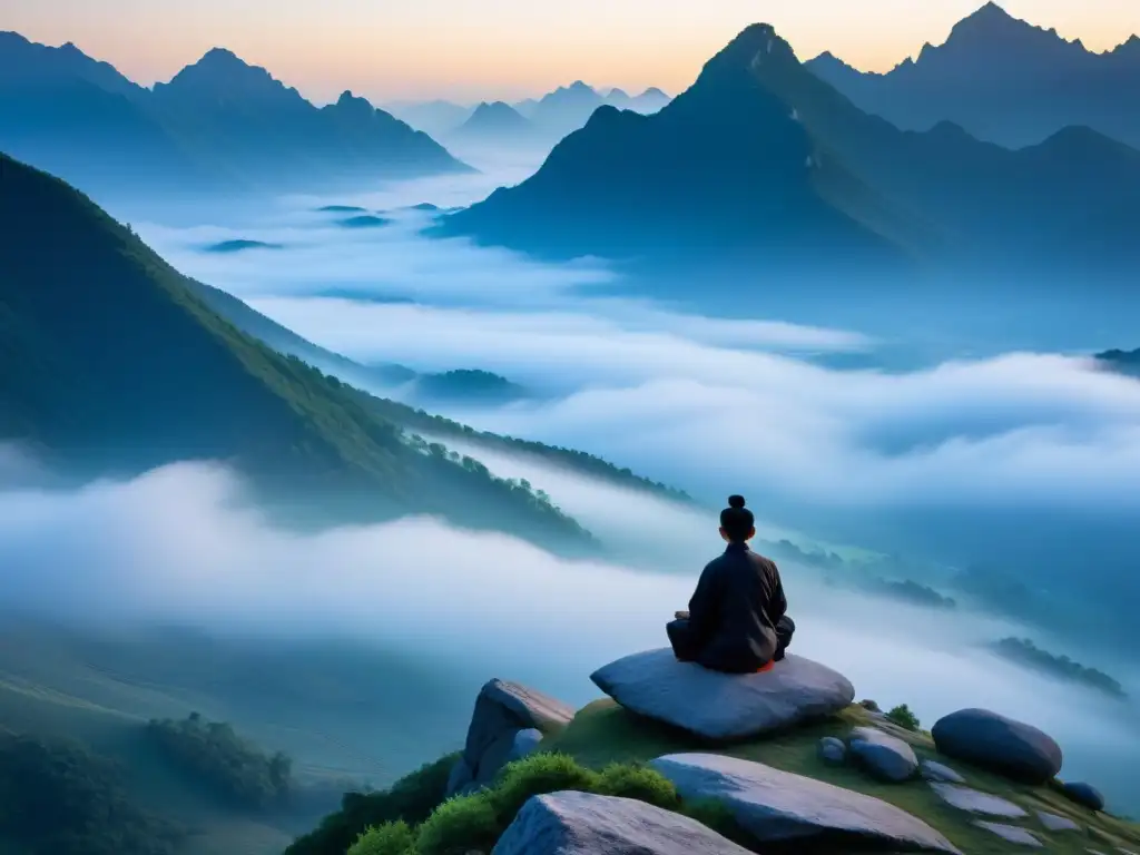 Un practicante de meditación en la cima de una montaña en China, iluminado por la suave luz del amanecer