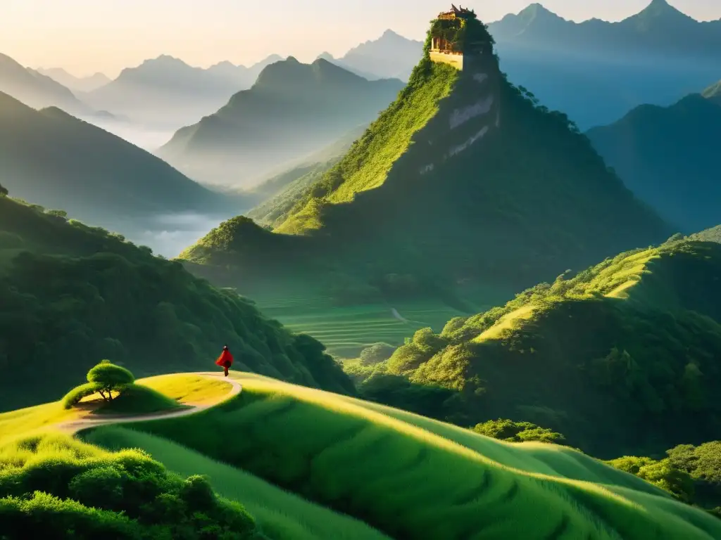 Un practicante de Tai Chi en la cima de una montaña neblinosa al amanecer, rodeado de naturaleza exuberante y antiguos templos