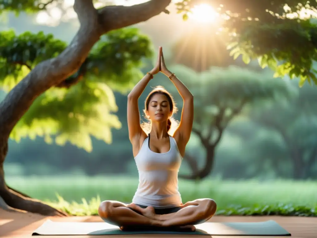 Practicante de yoga en equilibrio energético, realizando la postura del árbol (Vrksasana) en armonía con la naturaleza