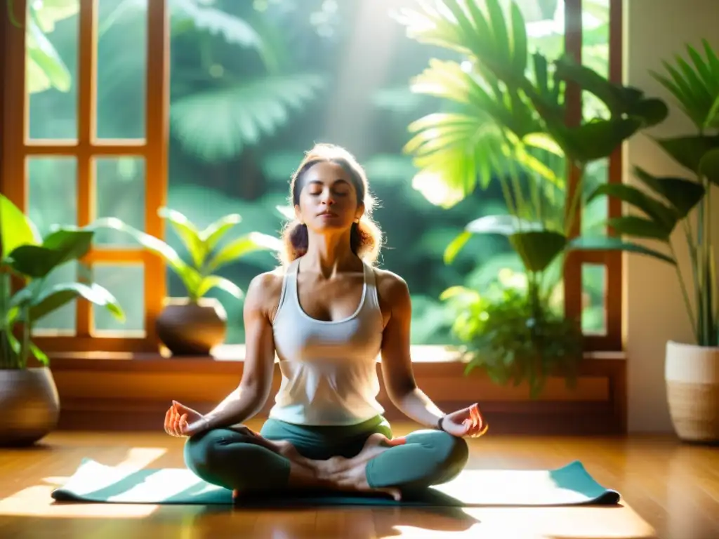 Practicante de yoga en meditación espiritual, realizando técnicas de pranayama en un estudio bañado por luz natural entre plantas verdes exuberantes