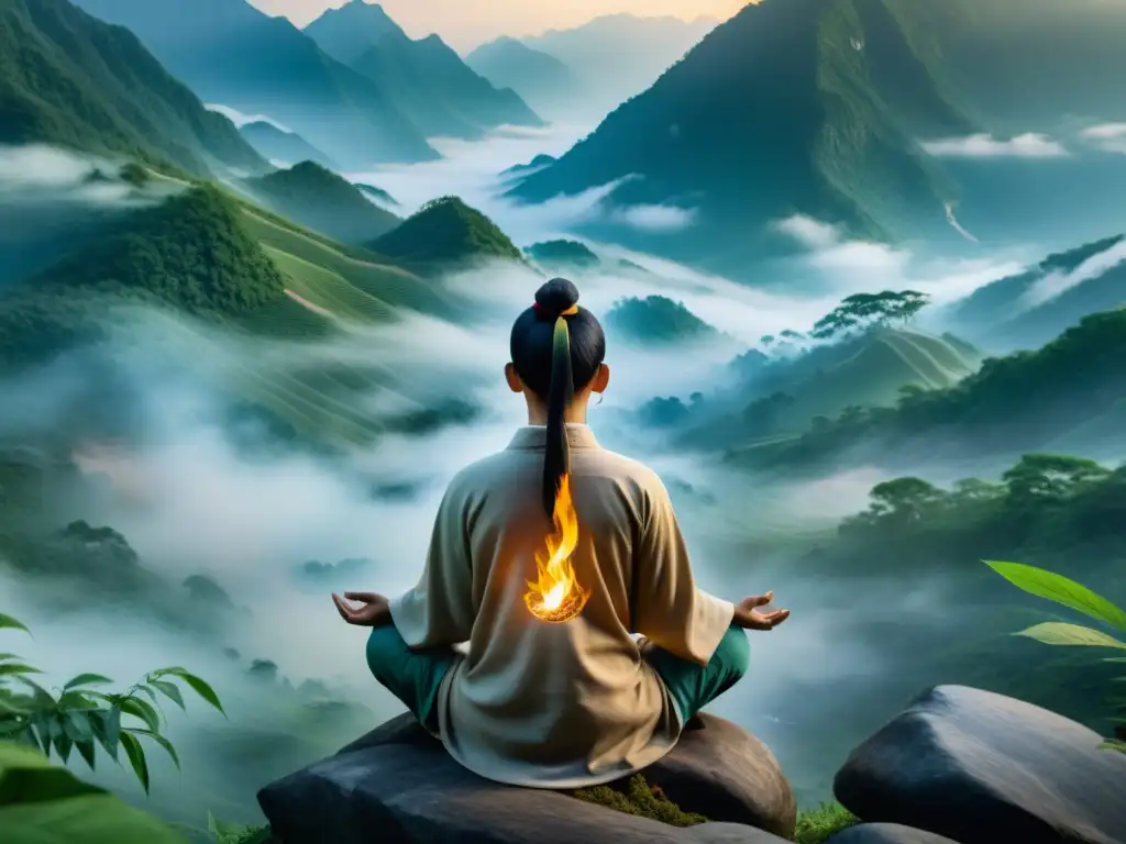 Practicante en meditación frente a majestuoso paisaje de montaña en Asia, evocando la relación entre Medicina Tradicional Asiática y espiritualidad