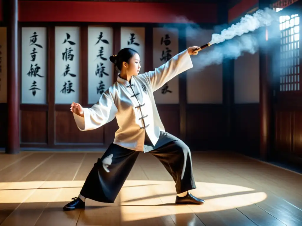 Un practicante habilidoso de taijiquan ejecuta una técnica precisa con determinación en un salón de artes marciales chinas tradicionales