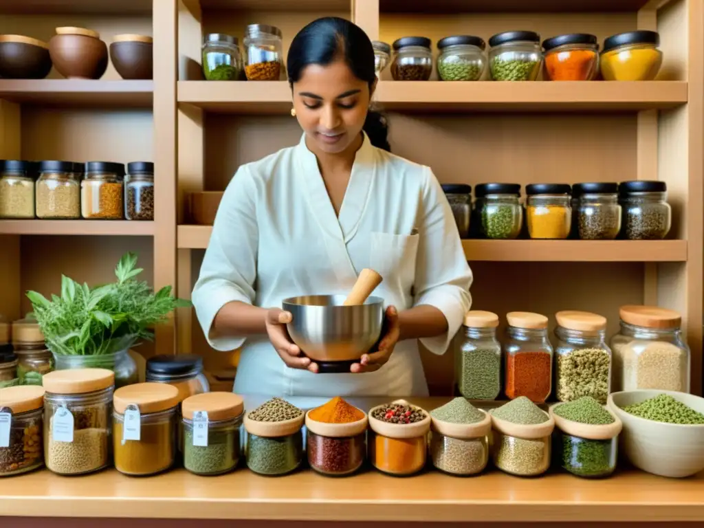 Un practicante de Ayurveda mezcla hierbas y especias en un mortero grande, rodeado de ingredientes