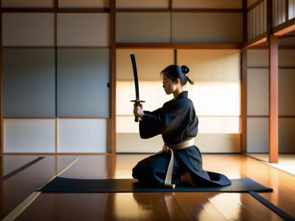 Un practicante de Iaido en un dojo iluminado de forma tenue, realizando movimientos precisos con un katana