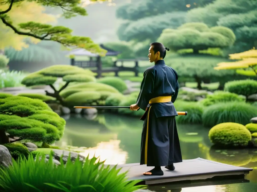 Practicante de Iaido en jardín japonés, rodeado de naturaleza exuberante y neblina, reflejando espiritualidad en la práctica del Iaido