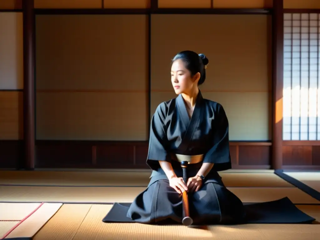 Practicante de Iaido en kimono y katana, irradiando espiritualidad en la calma del dojo iluminado por el sol