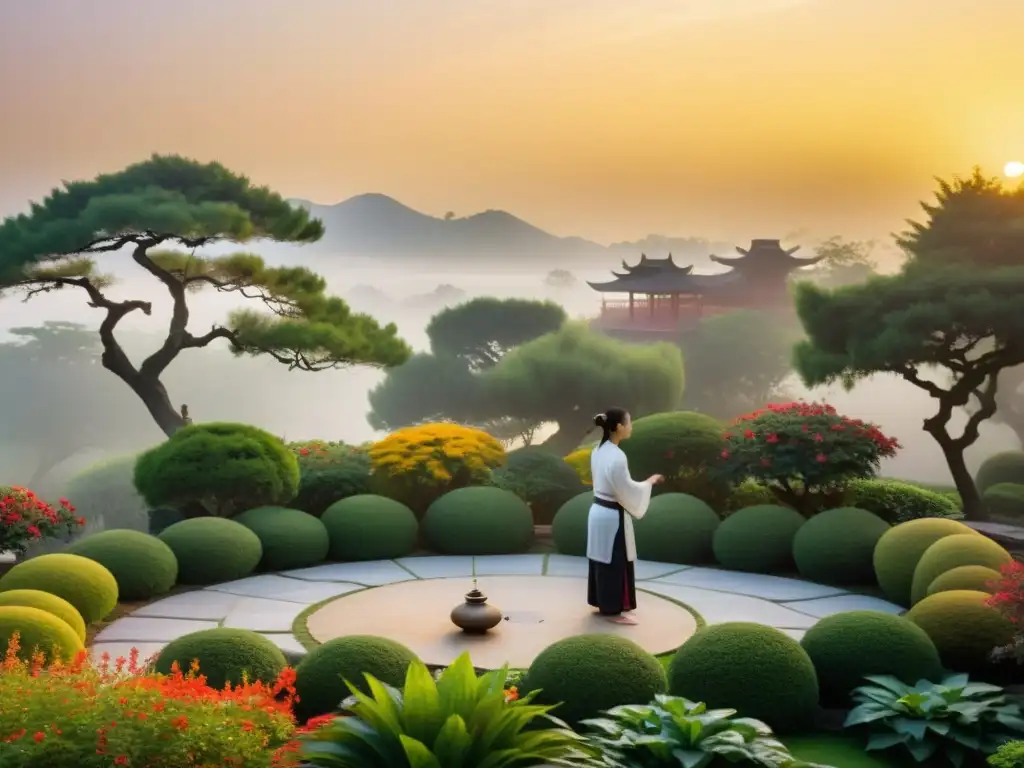 Un practicante de tai chi realiza Los cuatro inmensurables en un jardín asiático al amanecer, con una atmósfera serena y meditativa