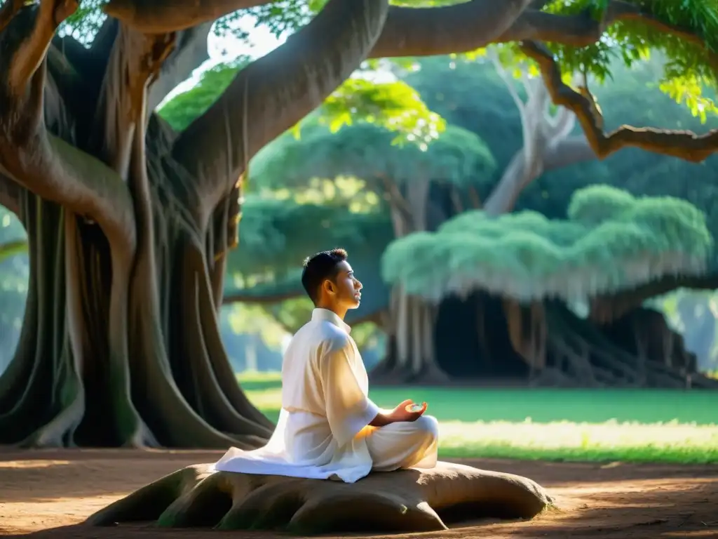 Un practicante jainista medita bajo un antiguo árbol banyan, vistiendo ropa blanca tradicional, rodeado de exuberante vegetación