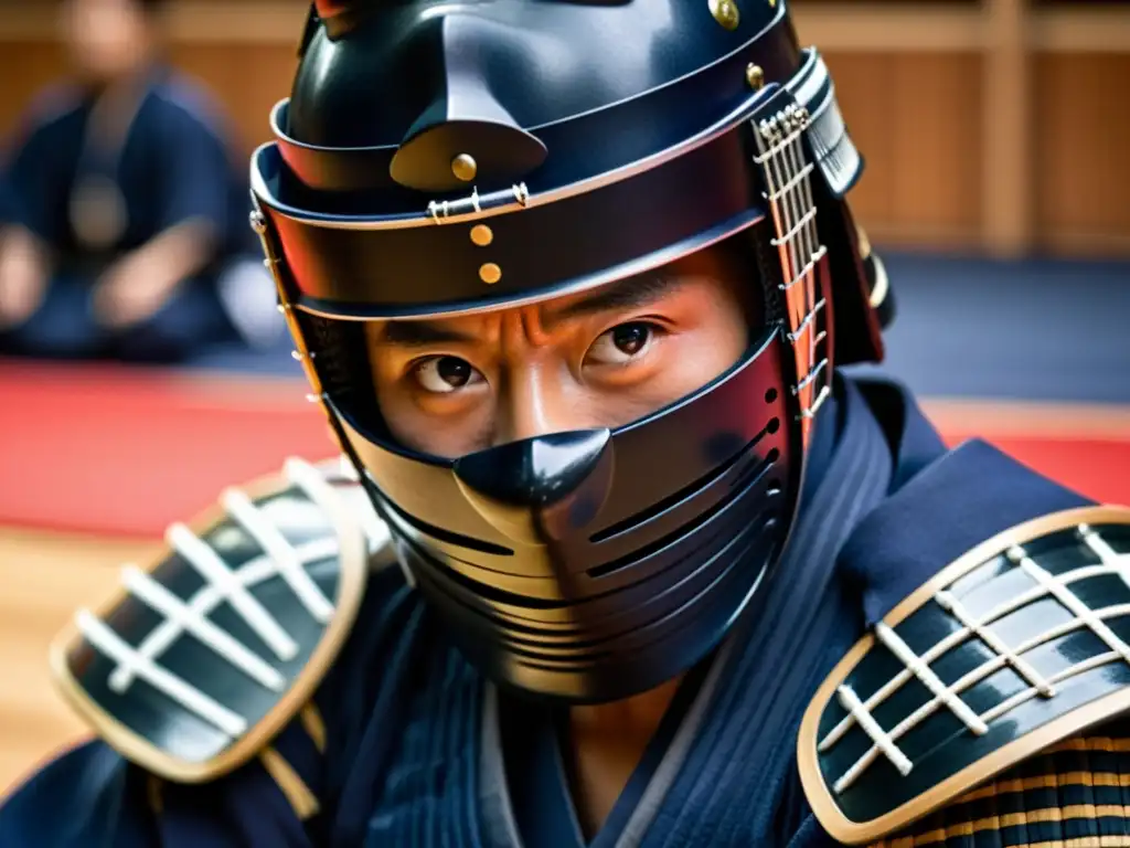 Un practicante de kendo con armadura samurái muestra intensa concentración en una feroz pelea