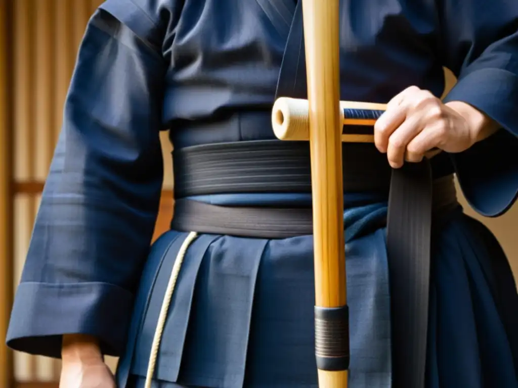 Un practicante de kendo en kendogi y hakama, listo para el combate, muestra la ética y estética del Kendo en su mirada concentrada