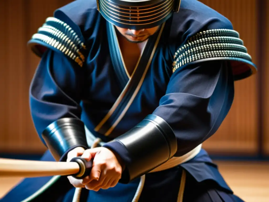 Practicante de kendo ejecutando un preciso golpe, con intensidad y enfoque en los ojos, detalle en la armadura tradicional y movimiento dinámico