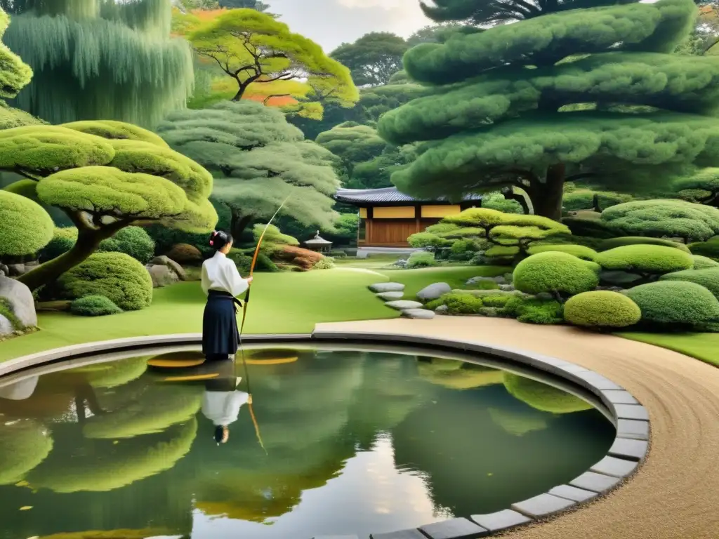 Un practicante de Kyudo en un jardín japonés, mostrando disciplina y tranquilidad