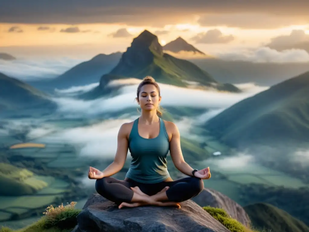 Practicante de yoga en loto, iluminado por la aurora en la cima de la montaña, evocando paz y conexión espiritual