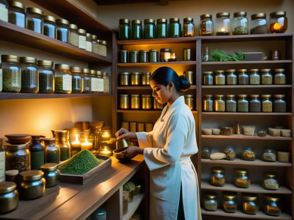 Un practicante de Ayurveda prepara medicina herbal en un apotecario rústico, mostrando el vínculo entre Ayurveda y Hinduismo