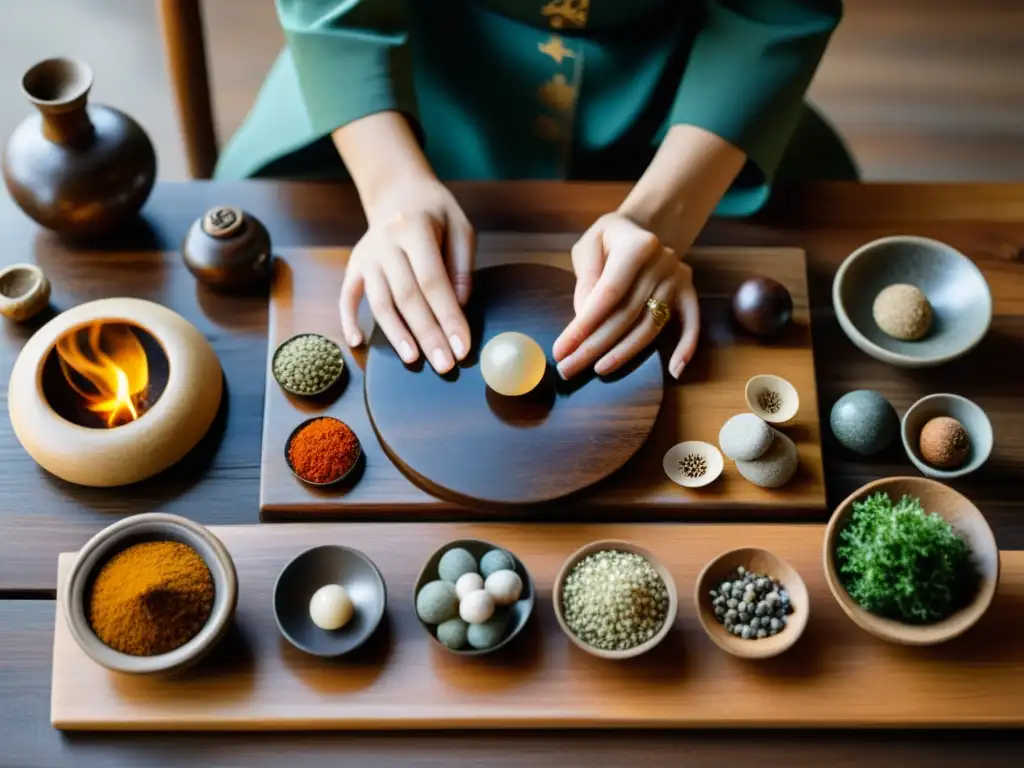 Un practicante de medicina china arregla los cinco elementos esenciales de curación oriental en una mesa de madera, destacando la armonía y equilibrio de la medicina tradicional oriental