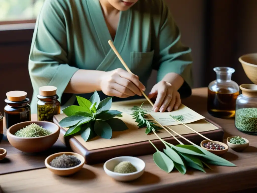 Un practicante de medicina china ordena hierbas para Los cinco elementos esenciales curación oriental, evocando sabiduría ancestral