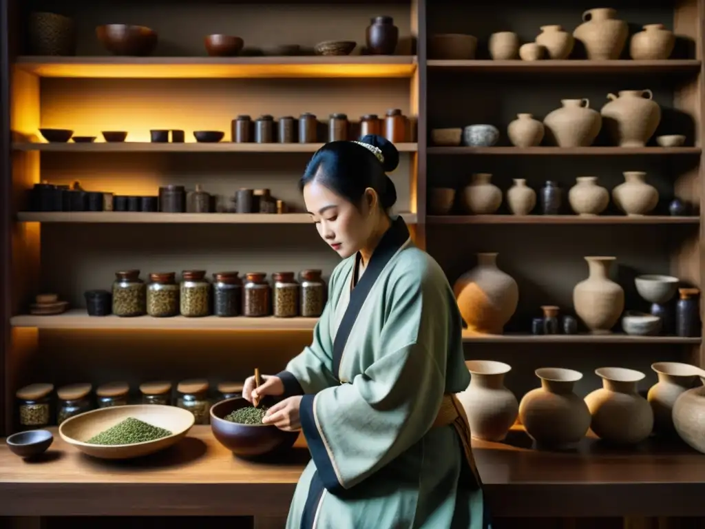 Un practicante de medicina china tradicional en la dinastía Zhou, preparando hierbas en un ambiente misterioso y antiguo