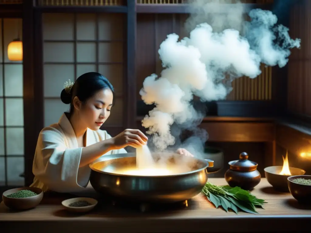 Un practicante de medicina tradicional asiática preparando un baño de vapor para purificar, en una atmósfera de serenidad y autenticidad cultural