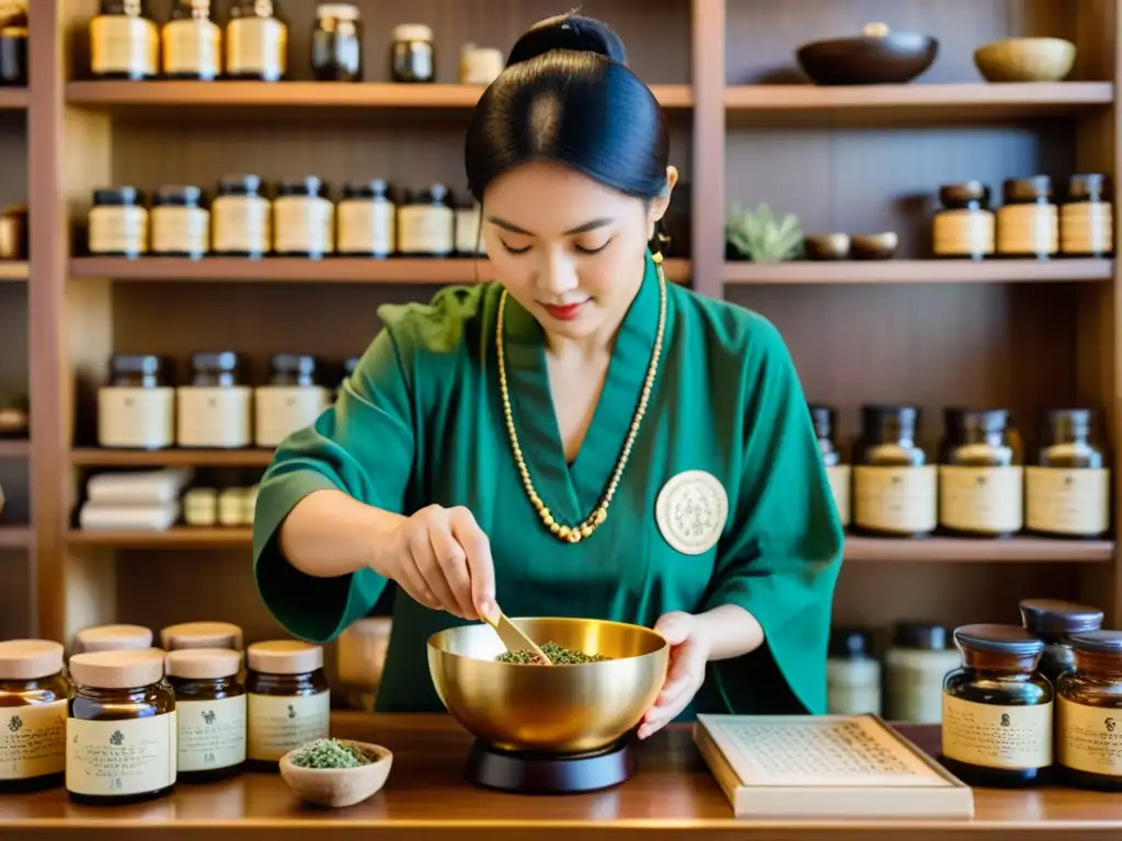 Un practicante de medicina tradicional asiática vierte cuidadosamente un remedio herbal en un tazón ornamental, rodeado de antiguos gráficos astrológicos y hierbas secas