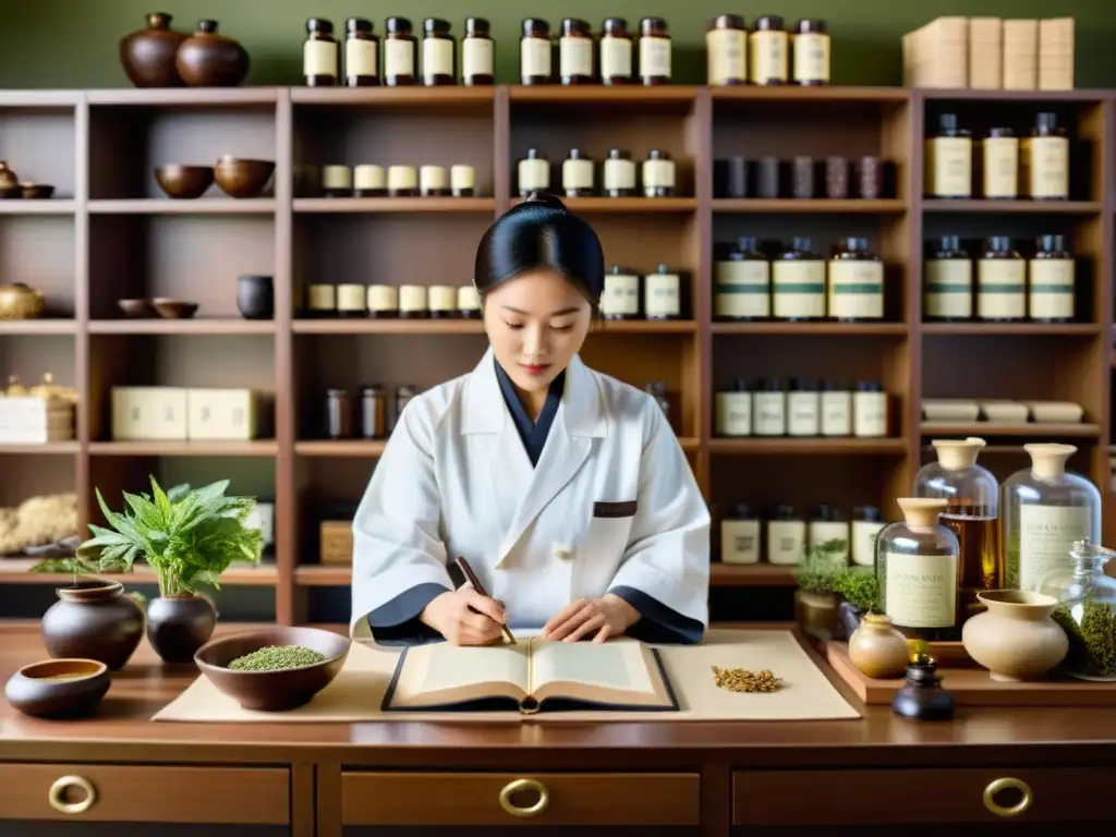 Un practicante de medicina tradicional asiática prepara hierbas en un laboratorio moderno, fusionando la tradición con la tecnología del siglo XXI