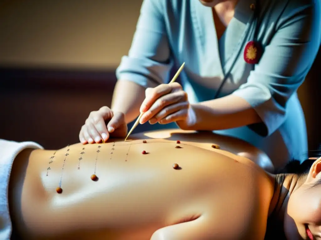 Un practicante de medicina tradicional china aplica agujas de acupuntura en la espalda de un paciente, con un mapa de meridianos en el fondo