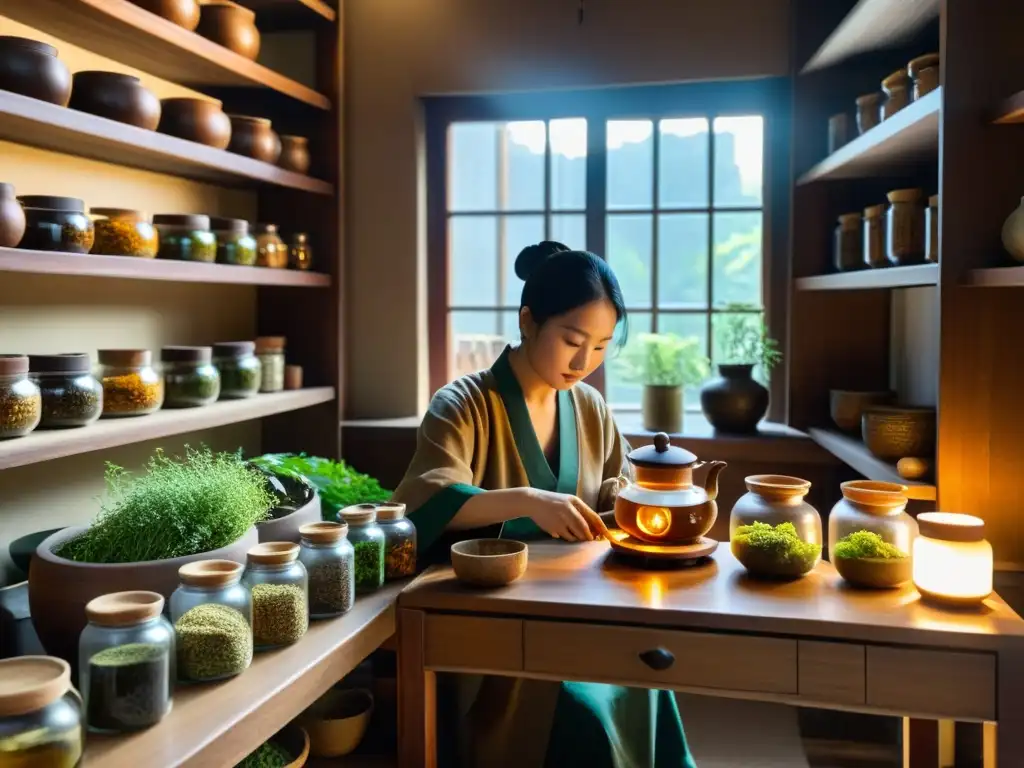 Un practicante de medicina tradicional china prepara té de hierbas en un entorno tranquilo y lleno de historia