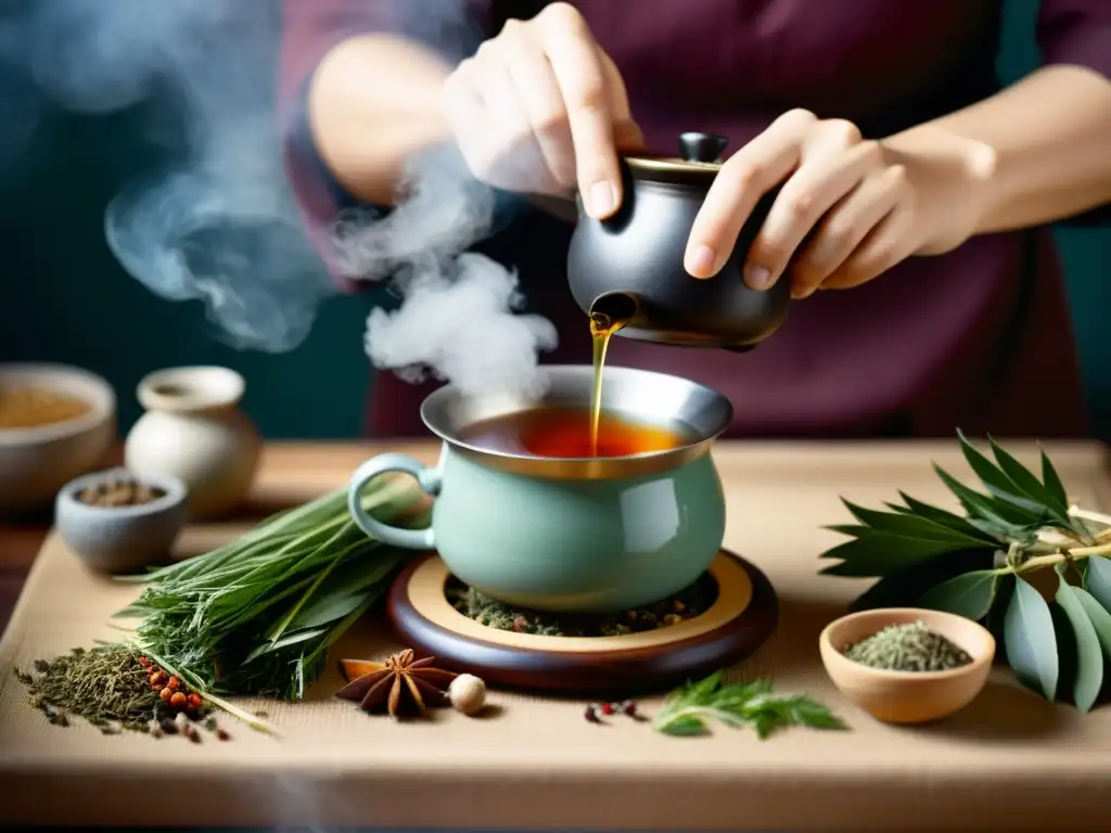 Un practicante de medicina tradicional china prepara una taza de té herbal con cuidado, rodeado de hierbas y ingredientes