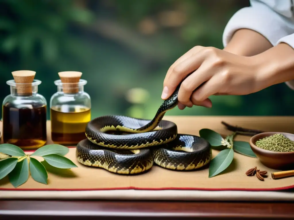 Un practicante de medicina tradicional china extrae veneno de una serpiente, usando técnicas precisas