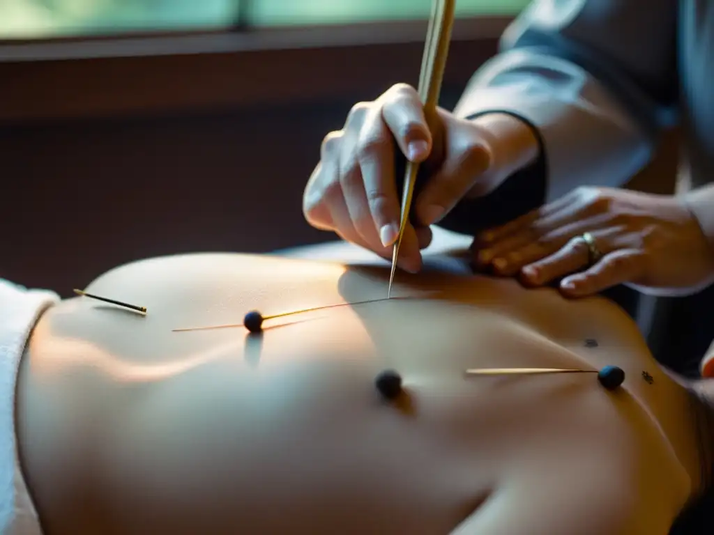 Un practicante de medicina tradicional china coloca con precisión agujas de acupuntura en la espalda de un paciente, en un ambiente sereno y meditativo