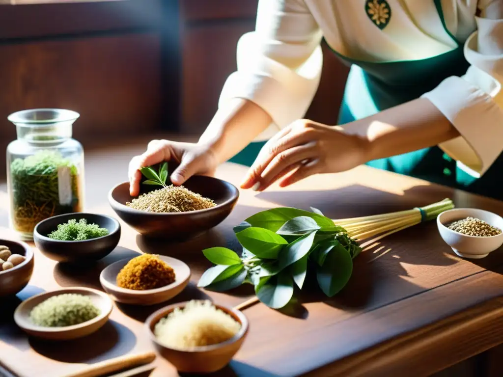 Un practicante de medicina tradicional china arregla hierbas en una mesa de madera, con luz solar iluminando los remedios ancestrales