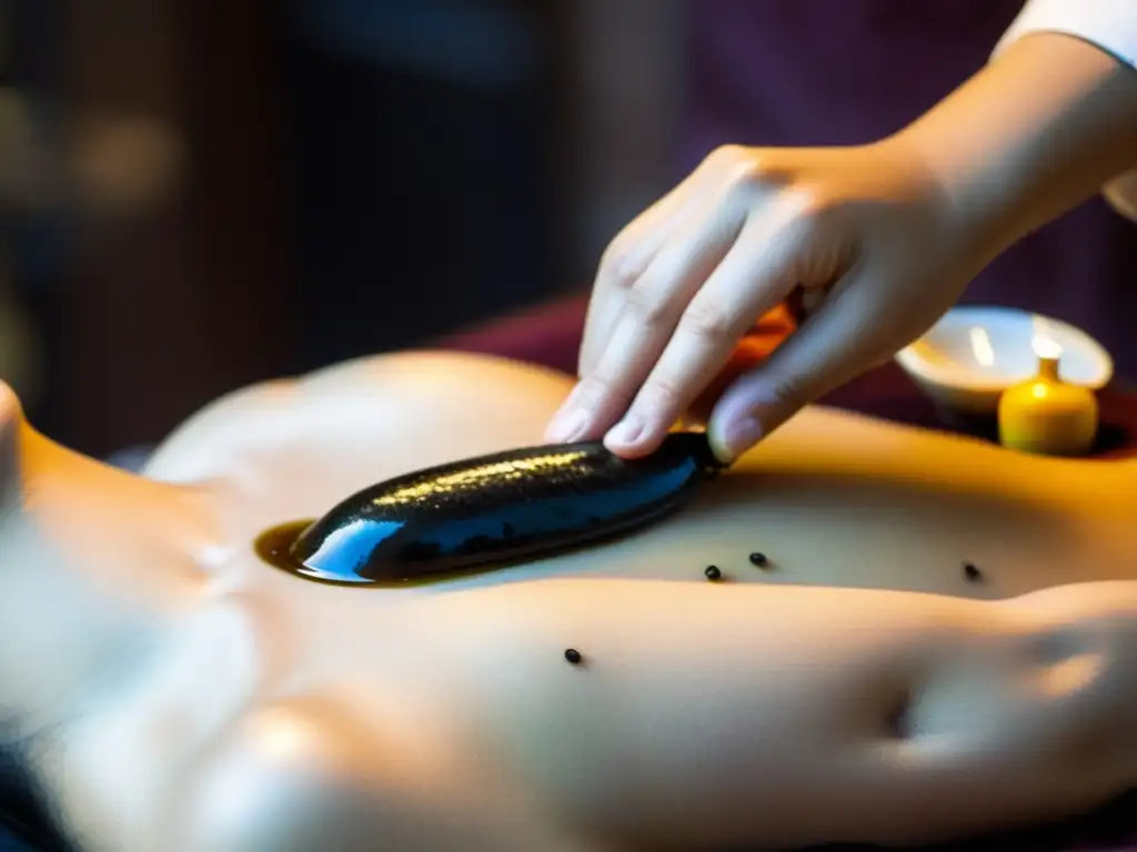 Un practicante de medicina tradicional china aplica sanguijuelas a la piel de un paciente, destacando las terapias con sanguijuelas orientales