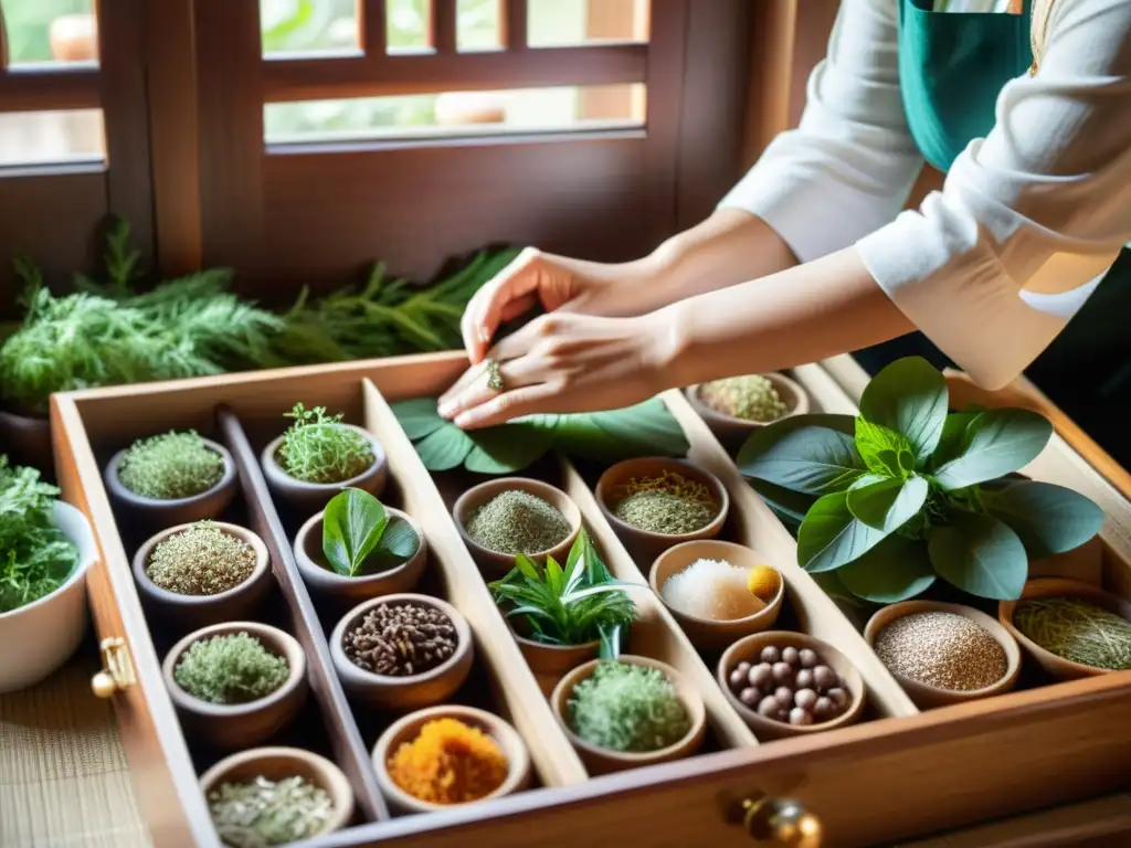 Un practicante de medicina tradicional china selecciona hierbas frescas y vibrantes, creando una atmósfera cálida y detallada