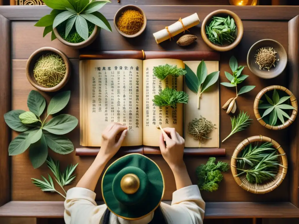 Un practicante de medicina tradicional china dispone hierbas y raíces en una mesa de madera, con antiguos textos y pergaminos de fondo