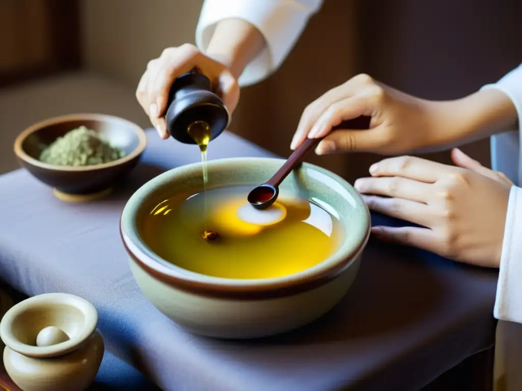 Un practicante de medicina tradicional china aplica aceites herbales en la piel del paciente, creando equilibrio y armonía con sabiduría oriental