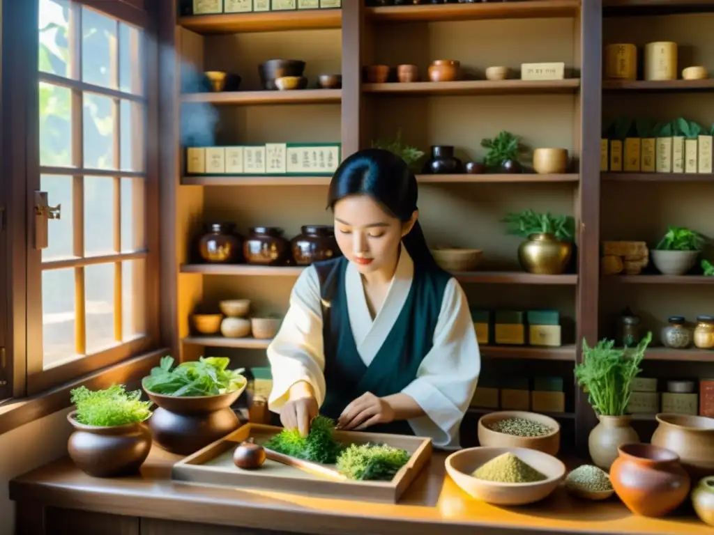 Un practicante de medicina tradicional coreana selecciona hierbas rodeado de antiguos textos y herramientas de astrología