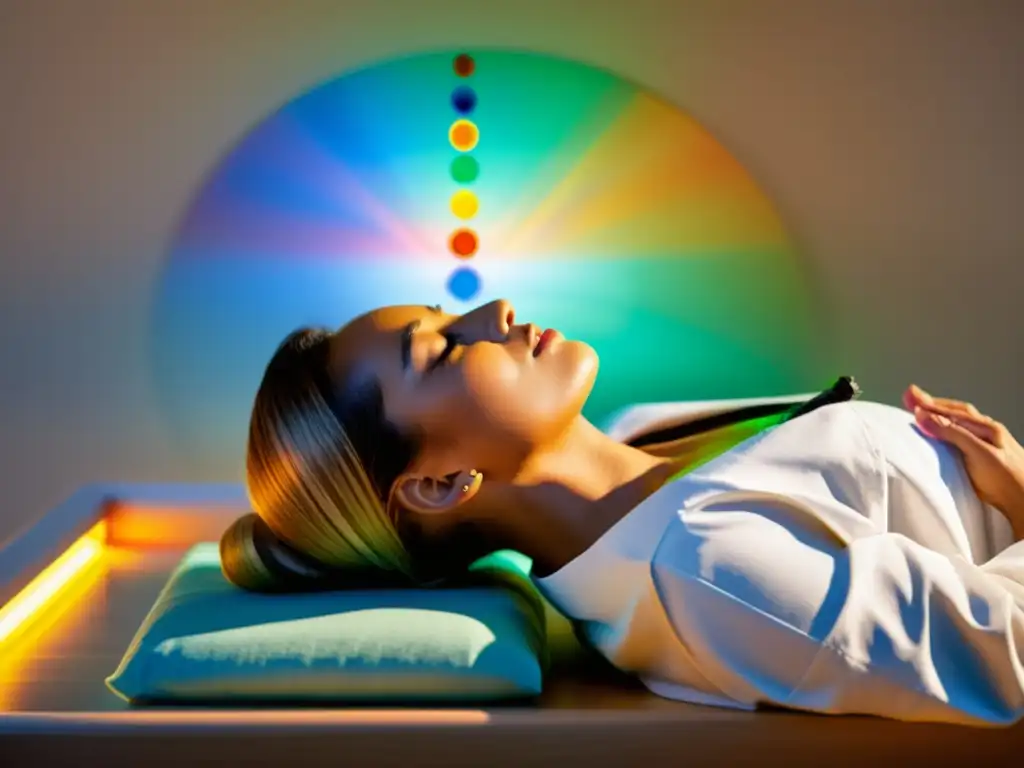 Practicante médico integrando chakras en un entorno de salud integral con luz cálida y serenidad