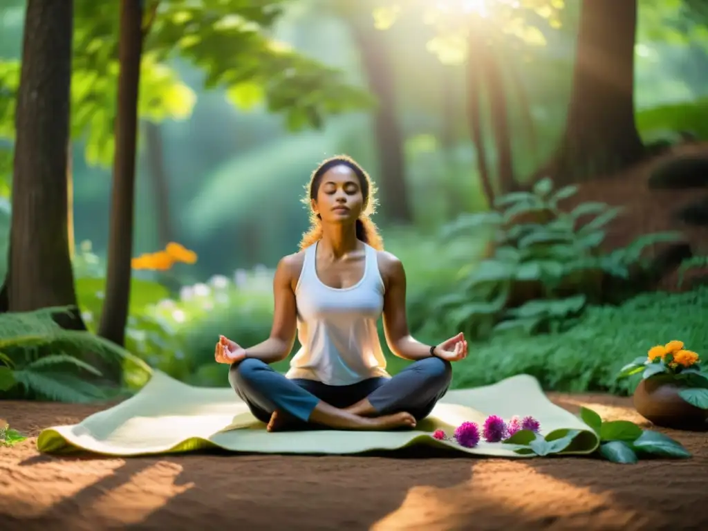 Un practicante de Ayurveda lidera una meditación en un claro del bosque, en armonía con la naturaleza