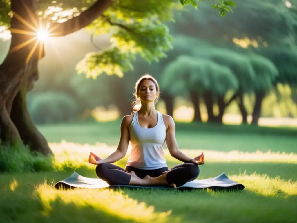 Practicante de yoga en meditación profunda en un prado verde, rodeado de árboles