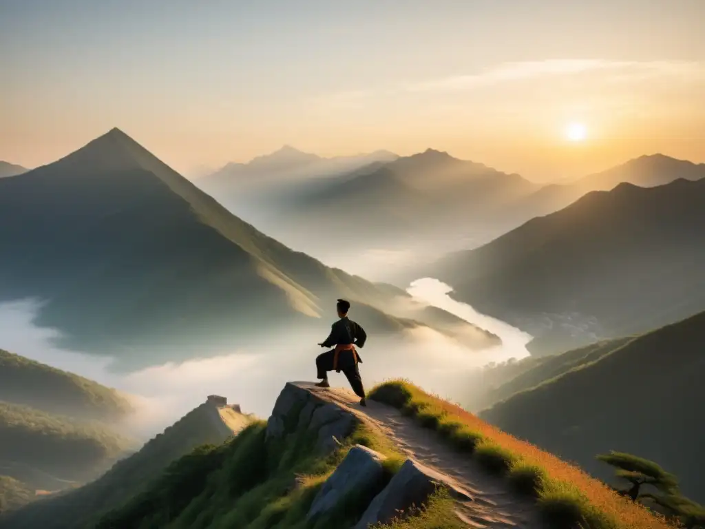 Un practicante de Tai Chi realiza movimientos elegantes al amanecer en la serena montaña