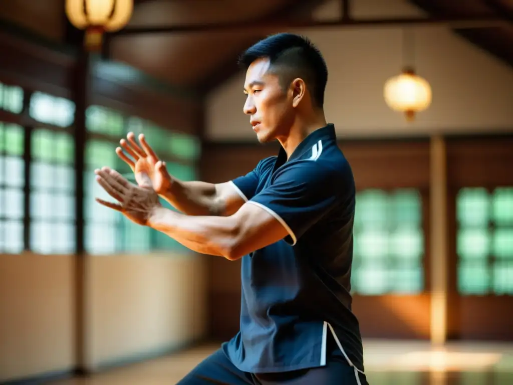 Un practicante de Wing Chun ejecuta movimientos precisos en un salón tradicional