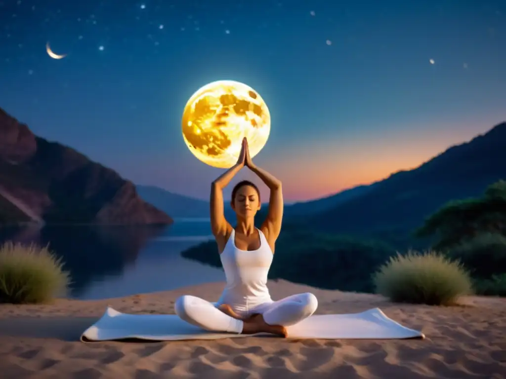 Una practicante de yoga en la noche, bajo la influencia de la suave luz lunar